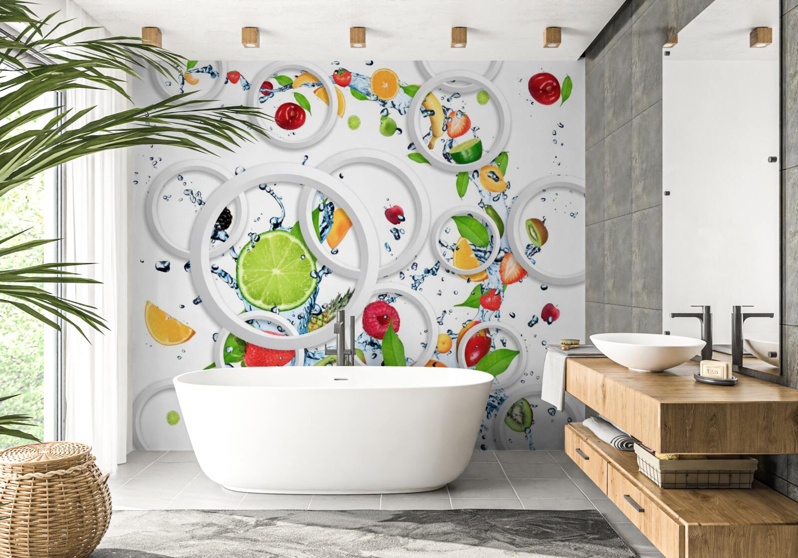 Fototapet cercuri albe și fructe feliate