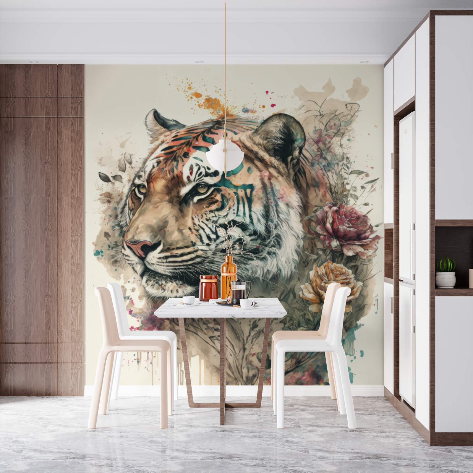 Fototapet tigru printre flori