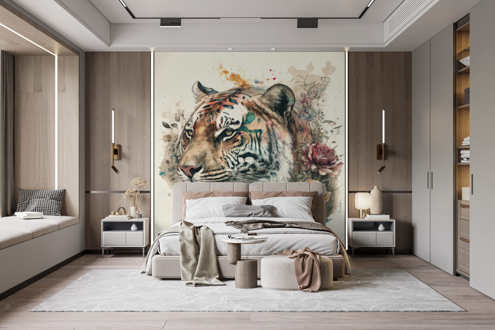 Fototapet tigru printre flori