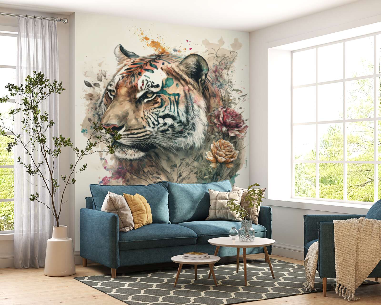 Fototapet tigru printre flori