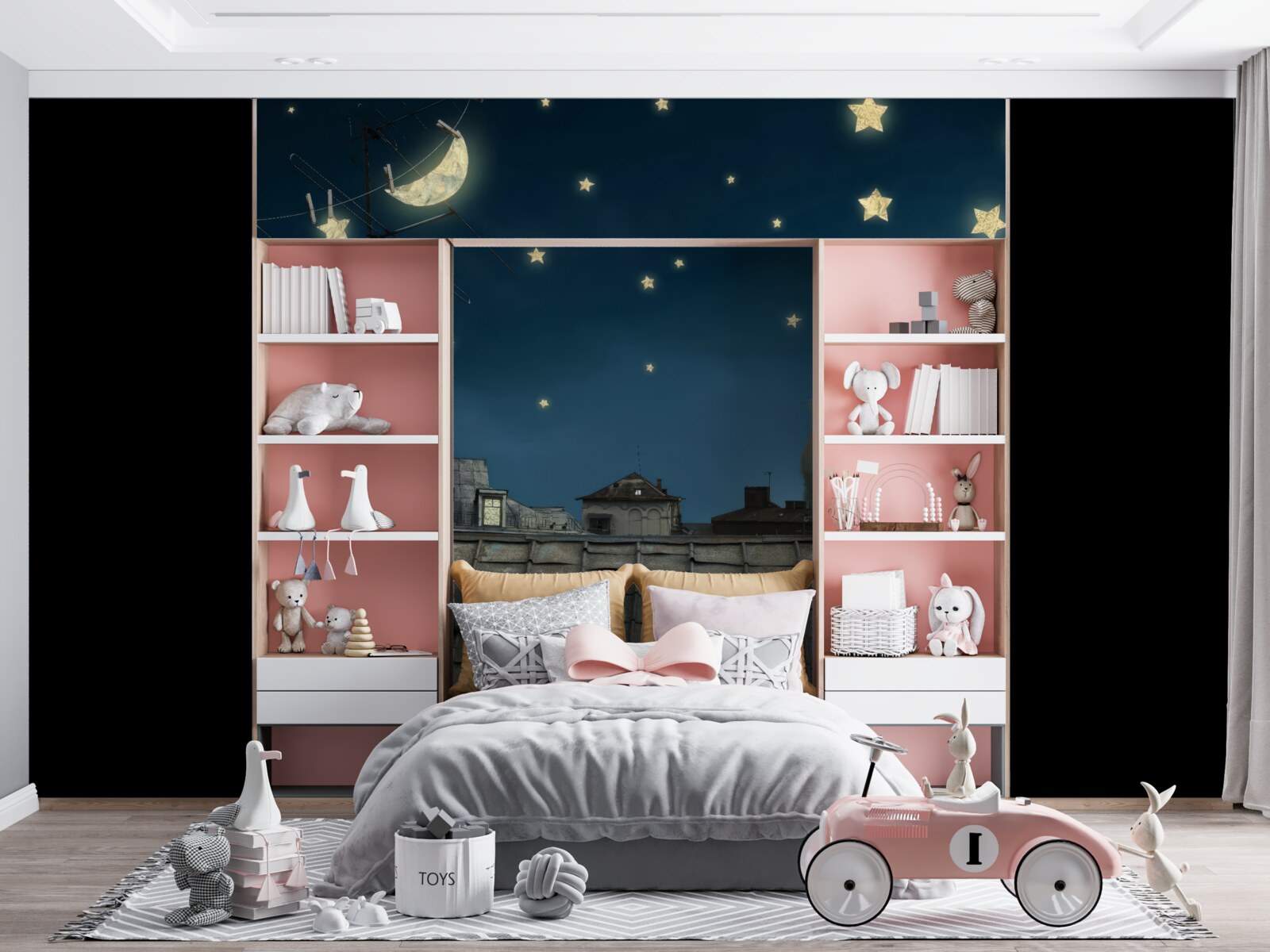 Fototapet pe acoperiș, o pisică albă admiră stelele