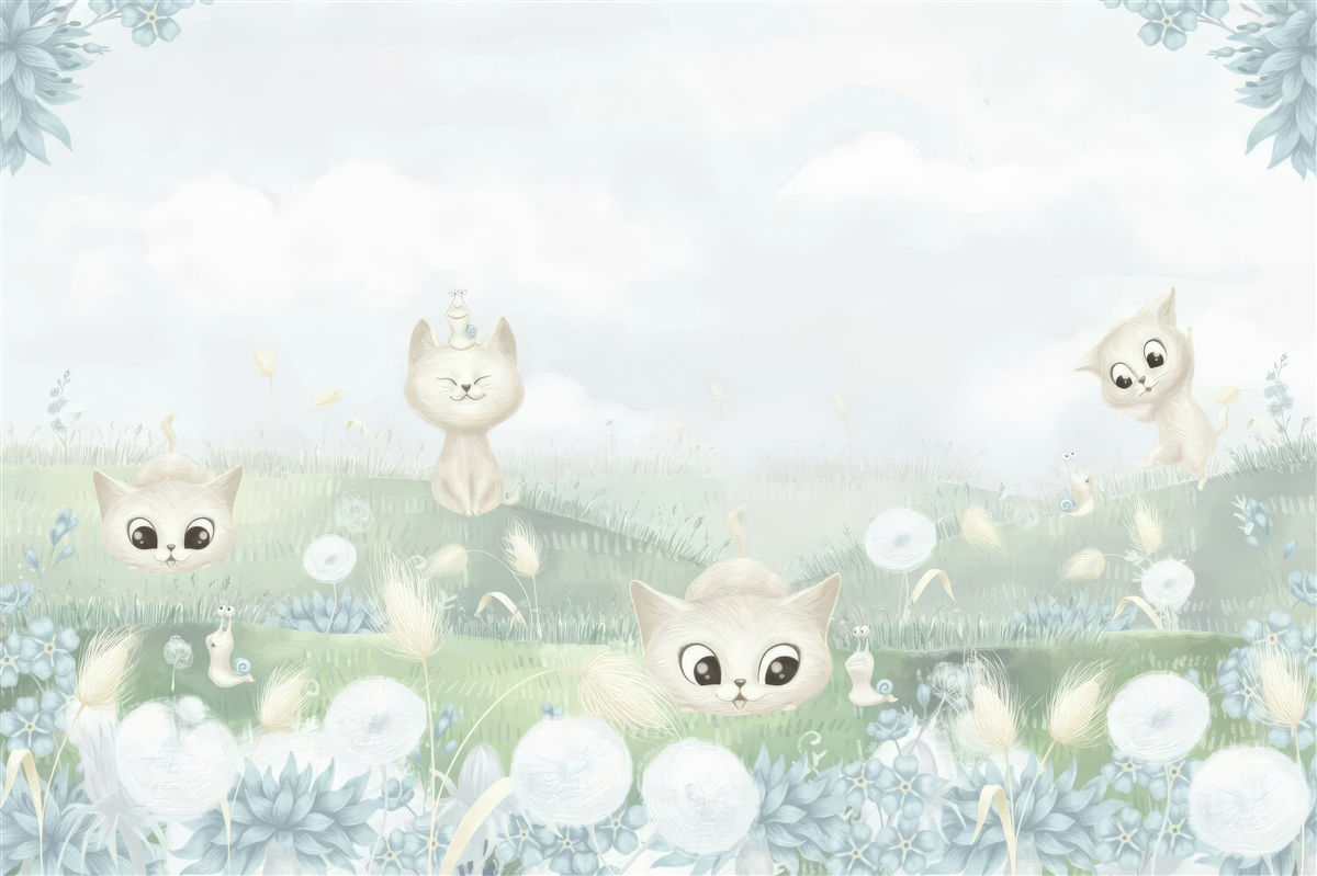 Fototapet pisici mici pe o peluză cu iarbă