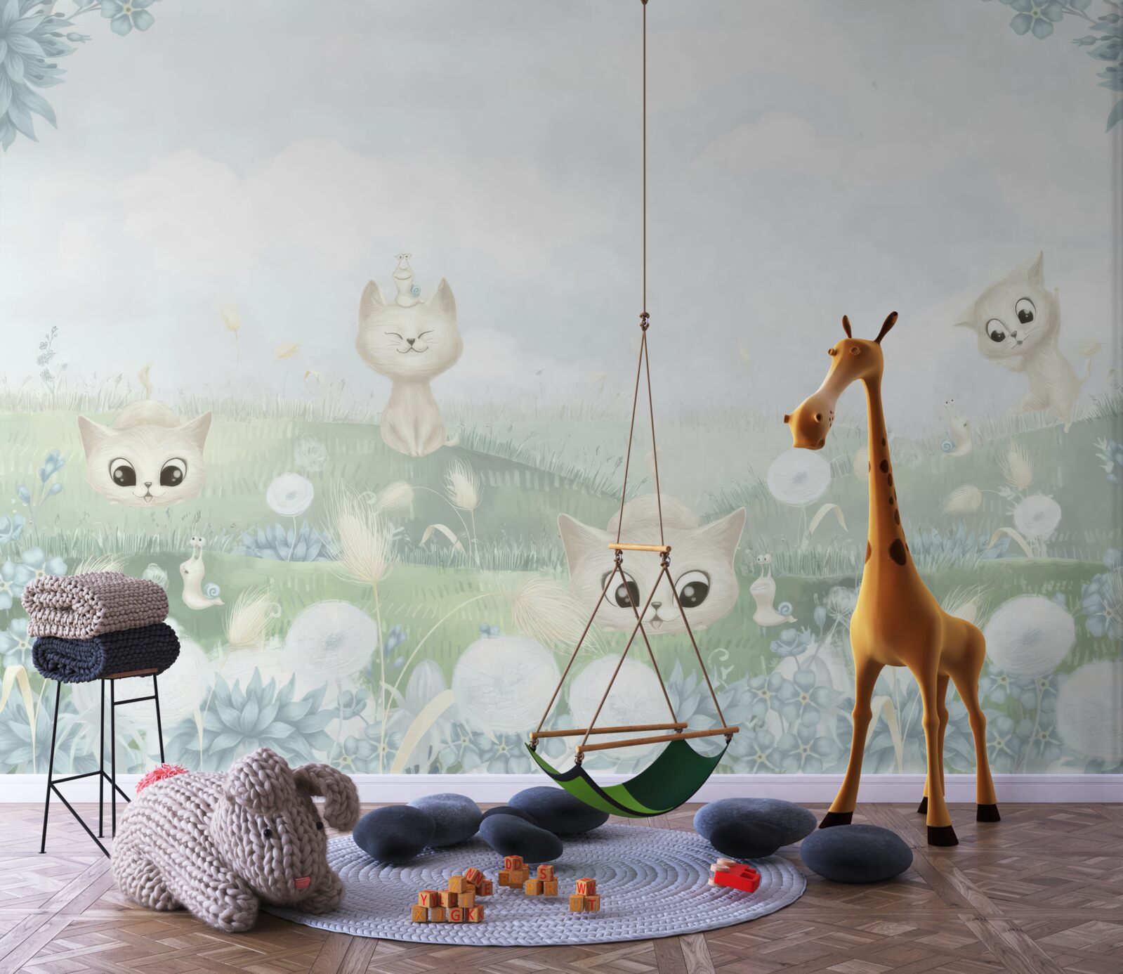 Fototapet pisici mici pe o peluză cu iarbă