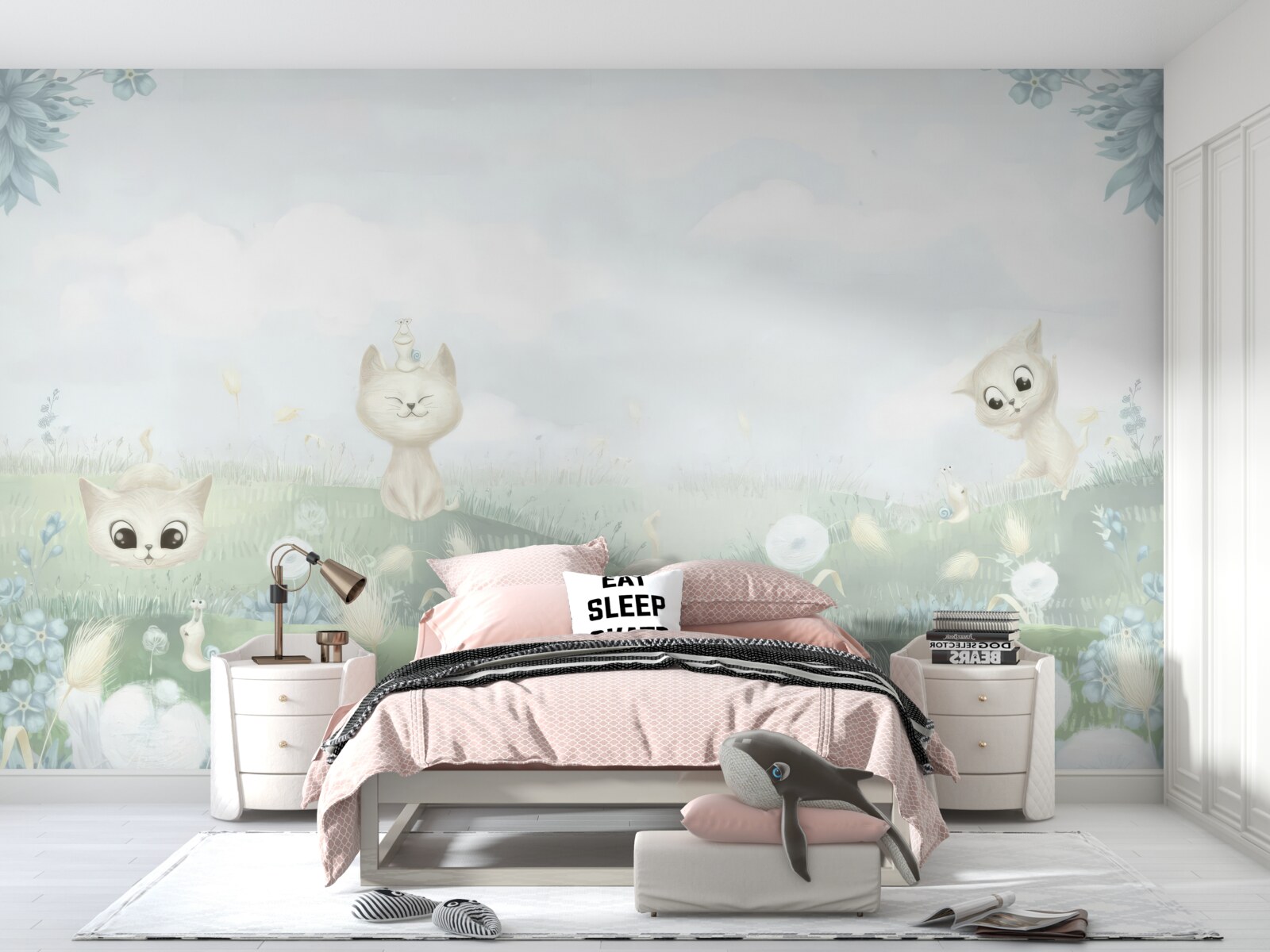 Fototapet pisici mici pe o peluză cu iarbă