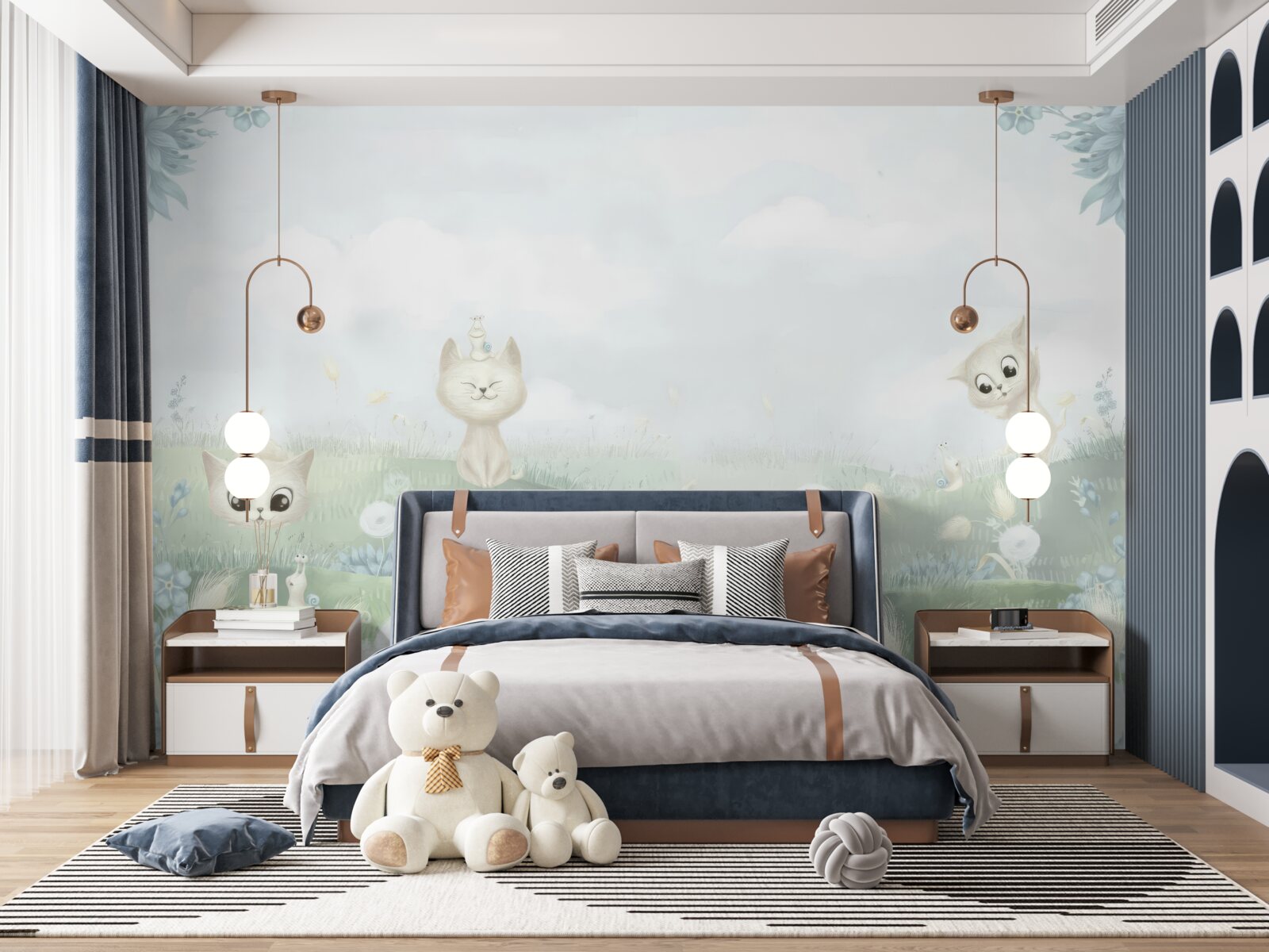 Fototapet pisici mici pe o peluză cu iarbă