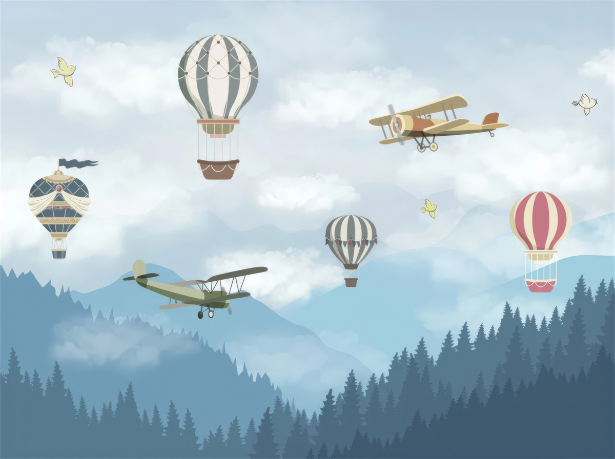 Fototapet baloane și avioane survolează vârfurile munților