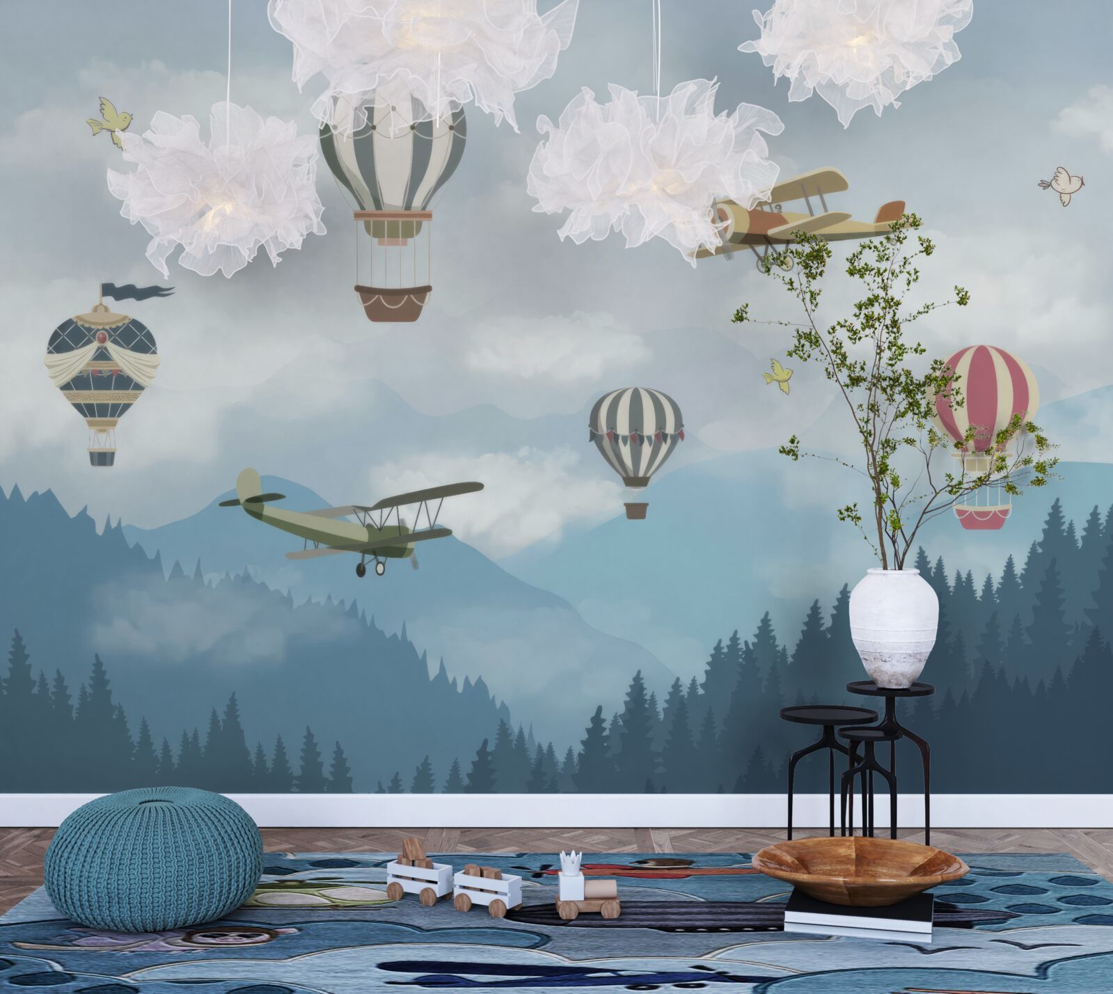 Fototapet baloane și avioane survolează vârfurile munților