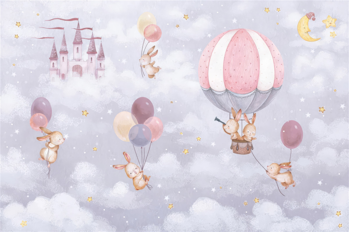 Fototapet iepurașii zboară în baloane