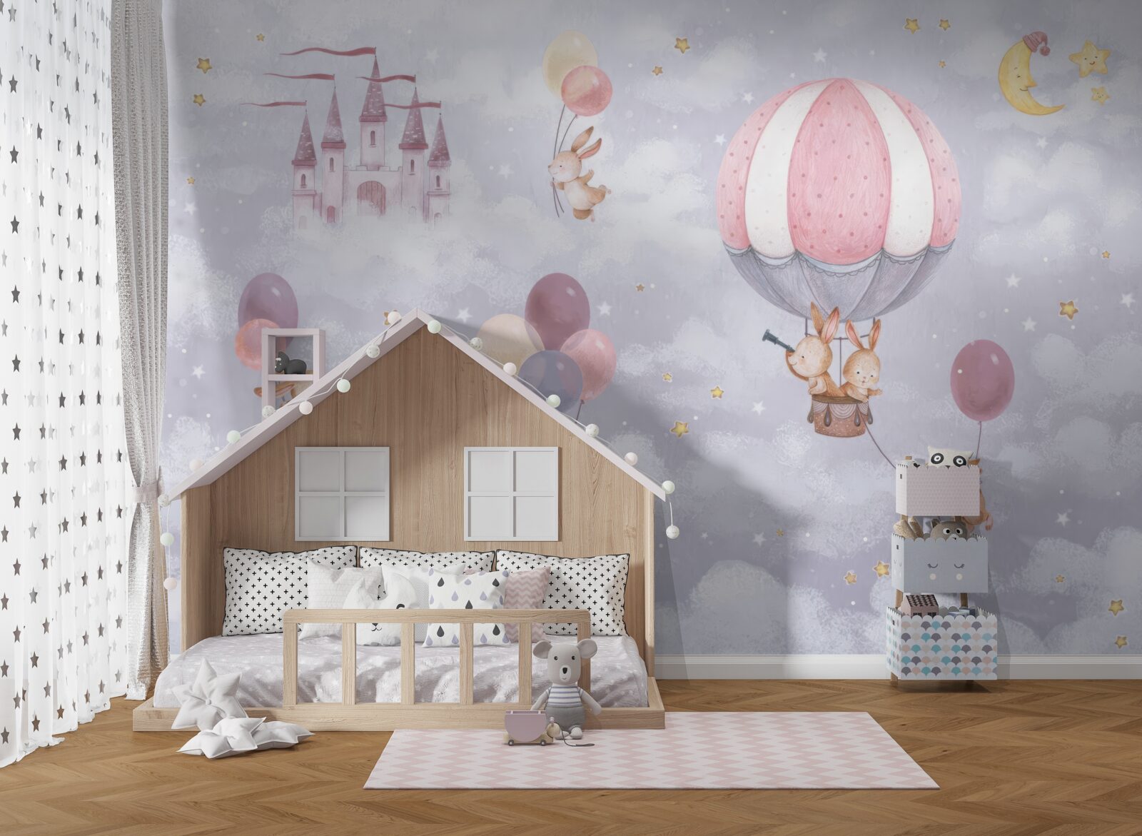 Fototapet iepurașii zboară în baloane