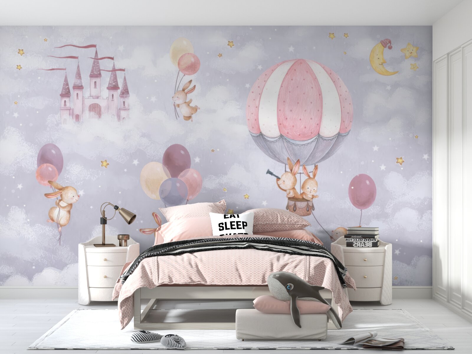 Fototapet iepurașii zboară în baloane