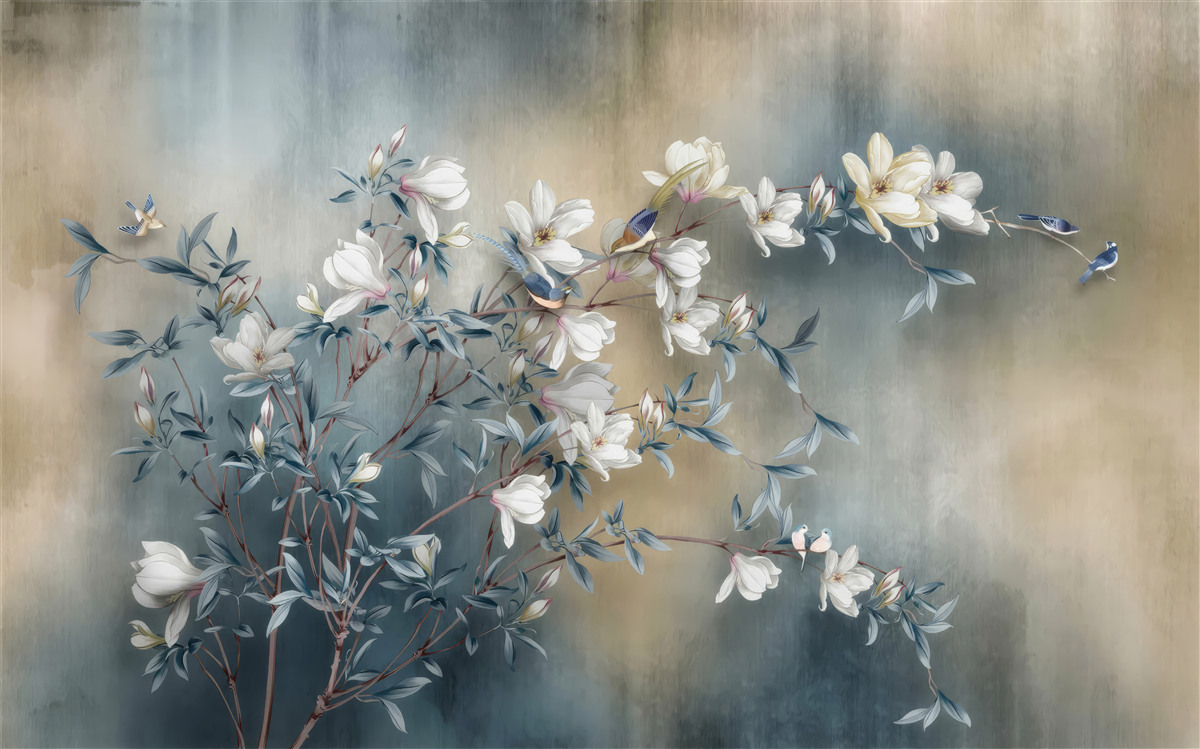 Fototapet ramură acoperită cu flori albe