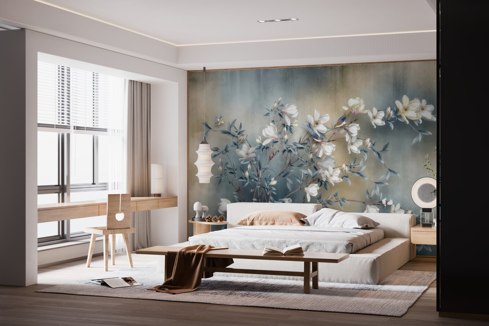 Fototapet ramură acoperită cu flori albe