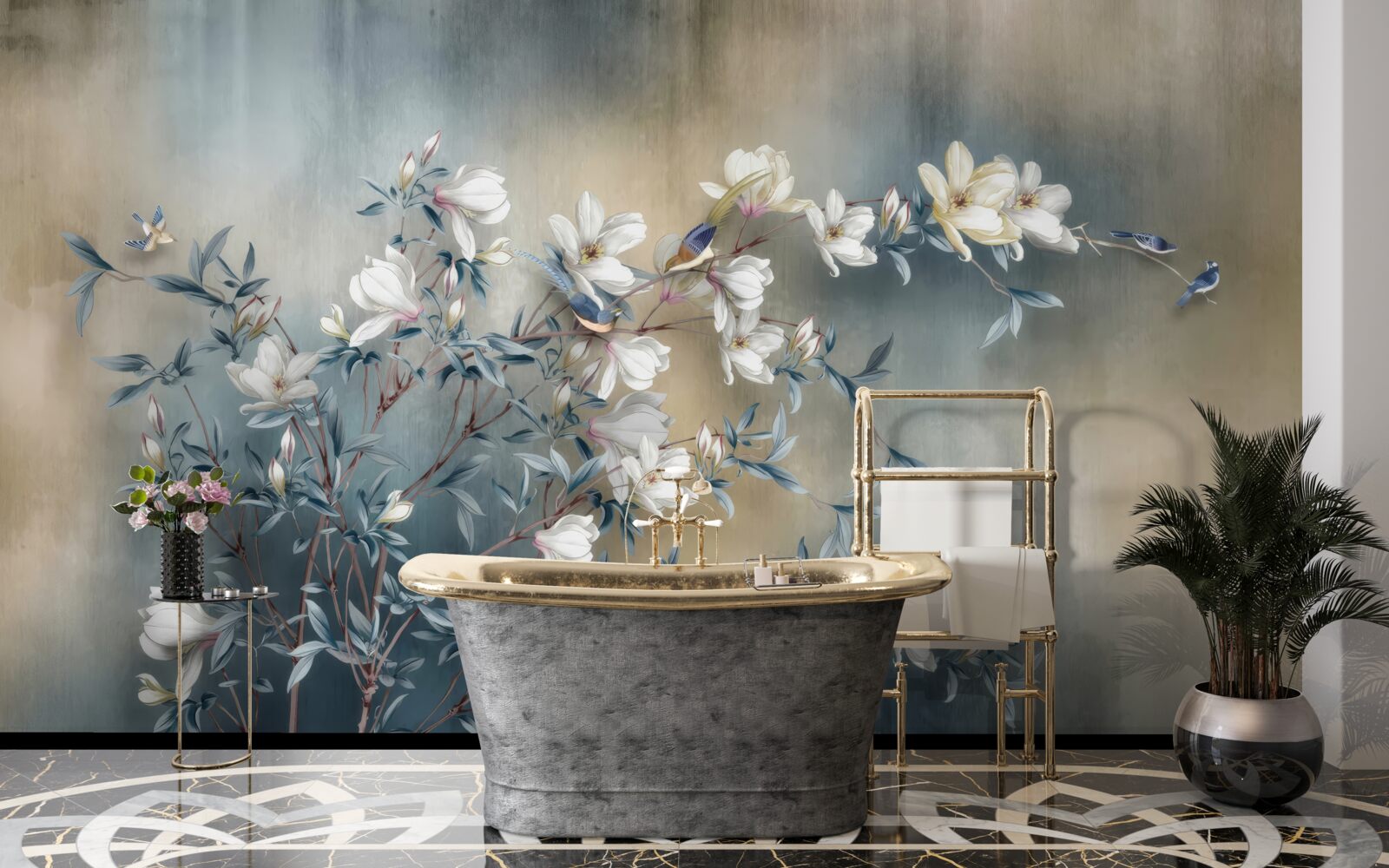 Fototapet ramură acoperită cu flori albe