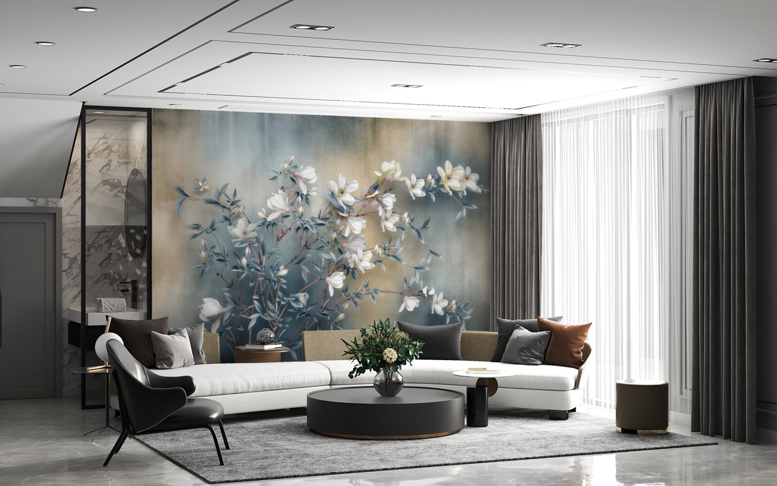 Fototapet ramură acoperită cu flori albe