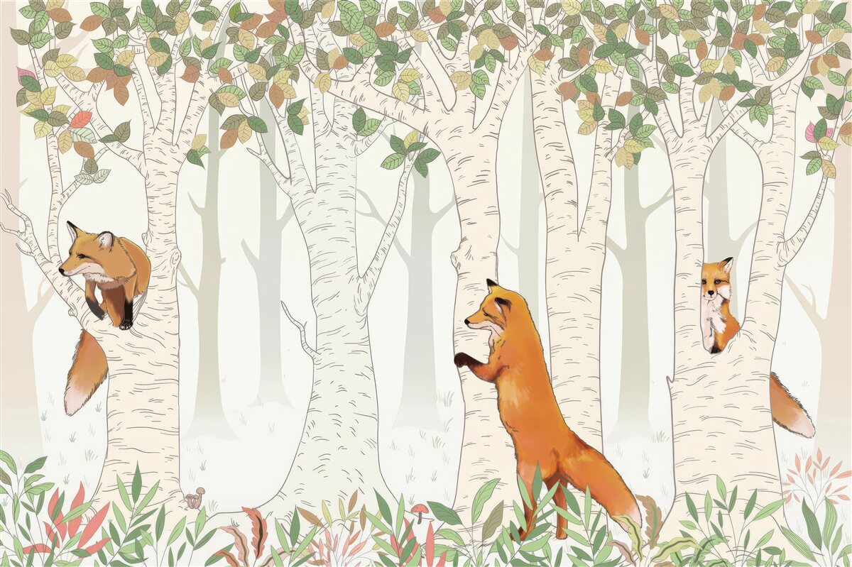 Fototapet vulpi printre ramurile copacilor