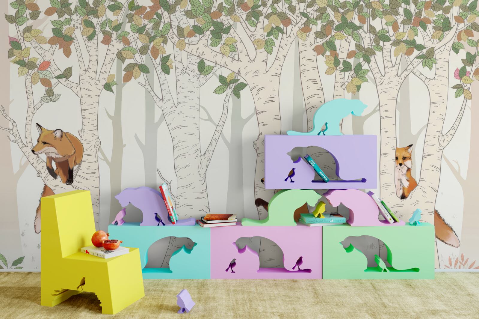 Fototapet vulpi printre ramurile copacilor