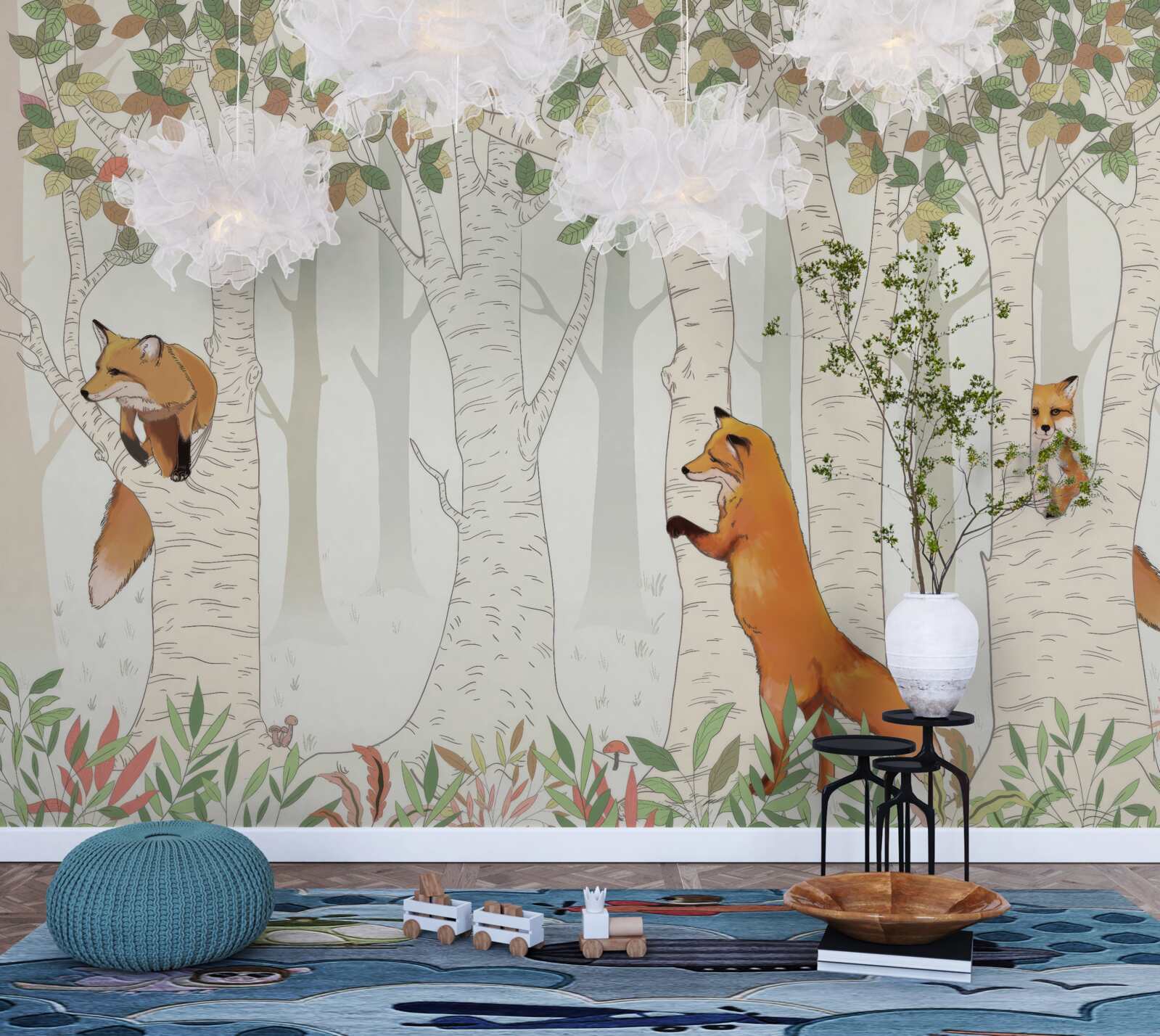 Fototapet vulpi printre ramurile copacilor