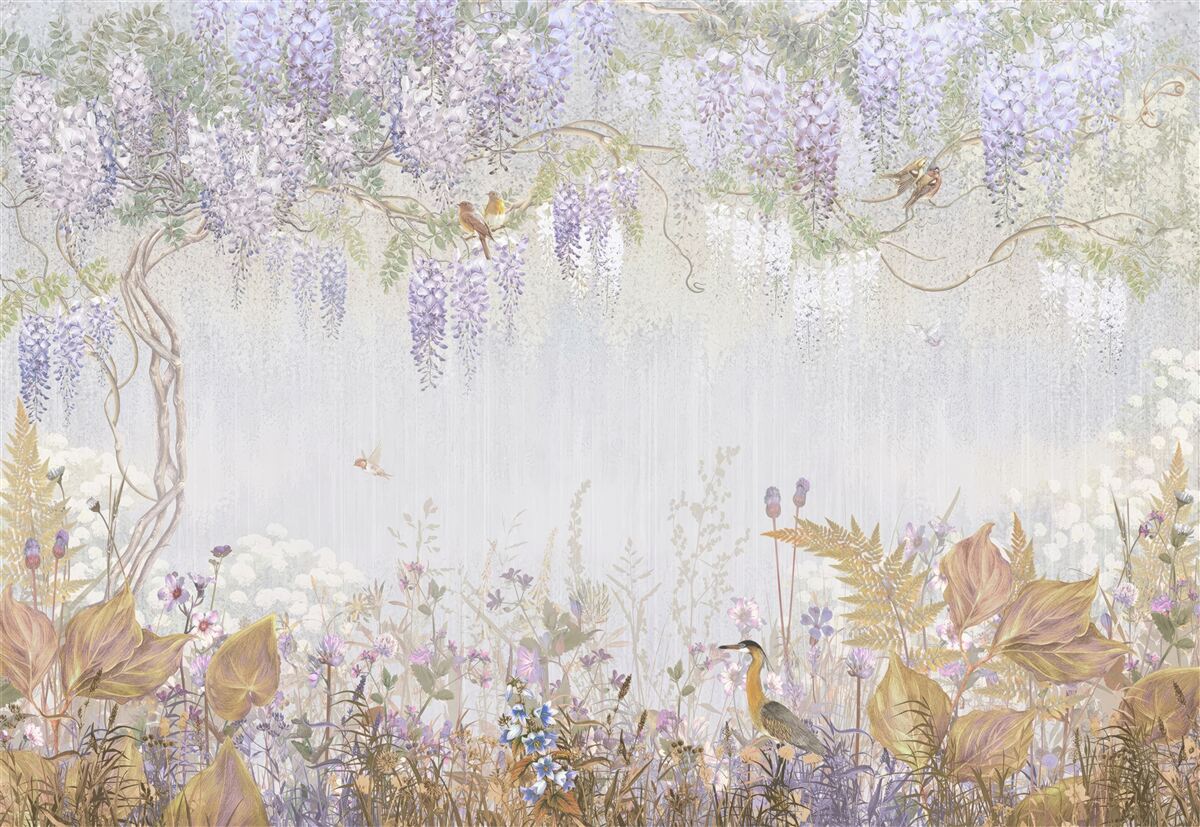 Fototapet copac cu păsări și flori mov