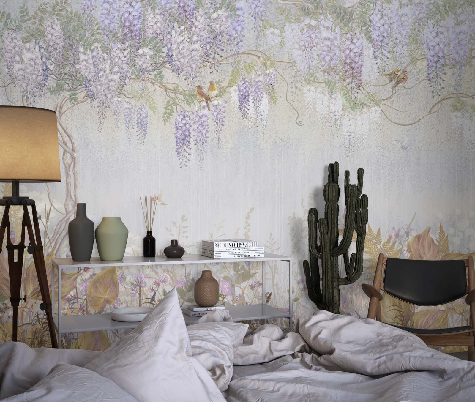 Fototapet copac cu păsări și flori mov