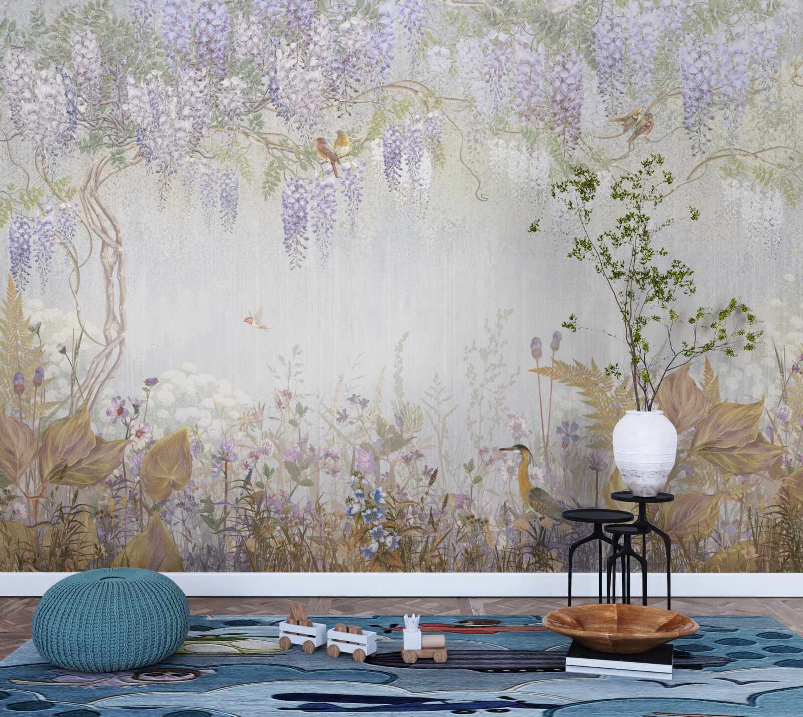 Fototapet copac cu păsări și flori mov