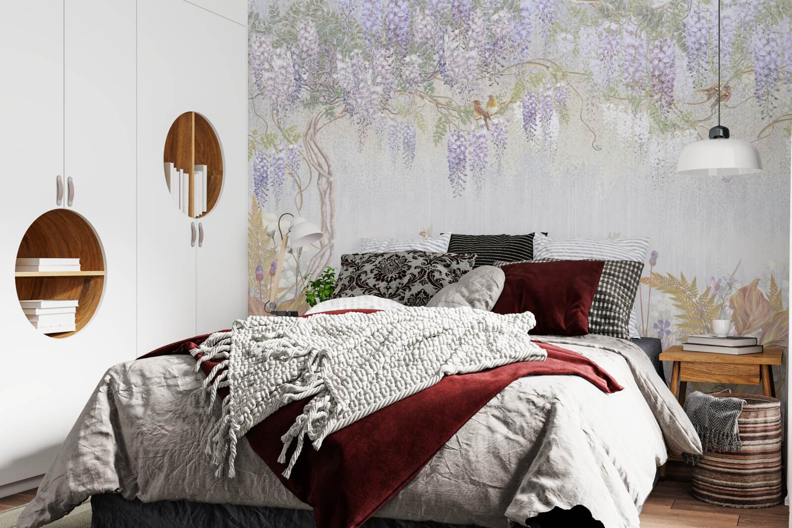 Fototapet copac cu păsări și flori mov