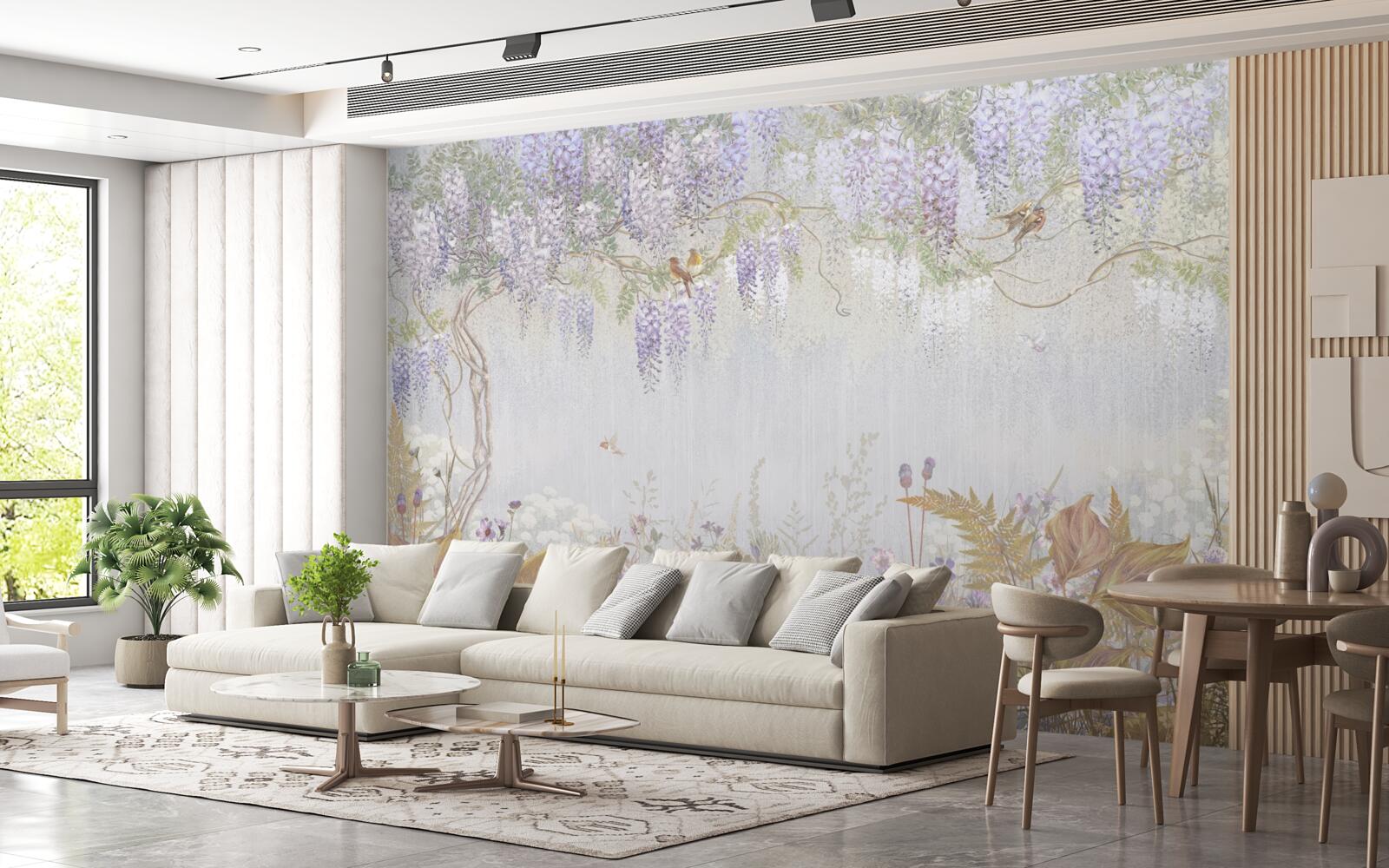 Fototapet copac cu păsări și flori mov