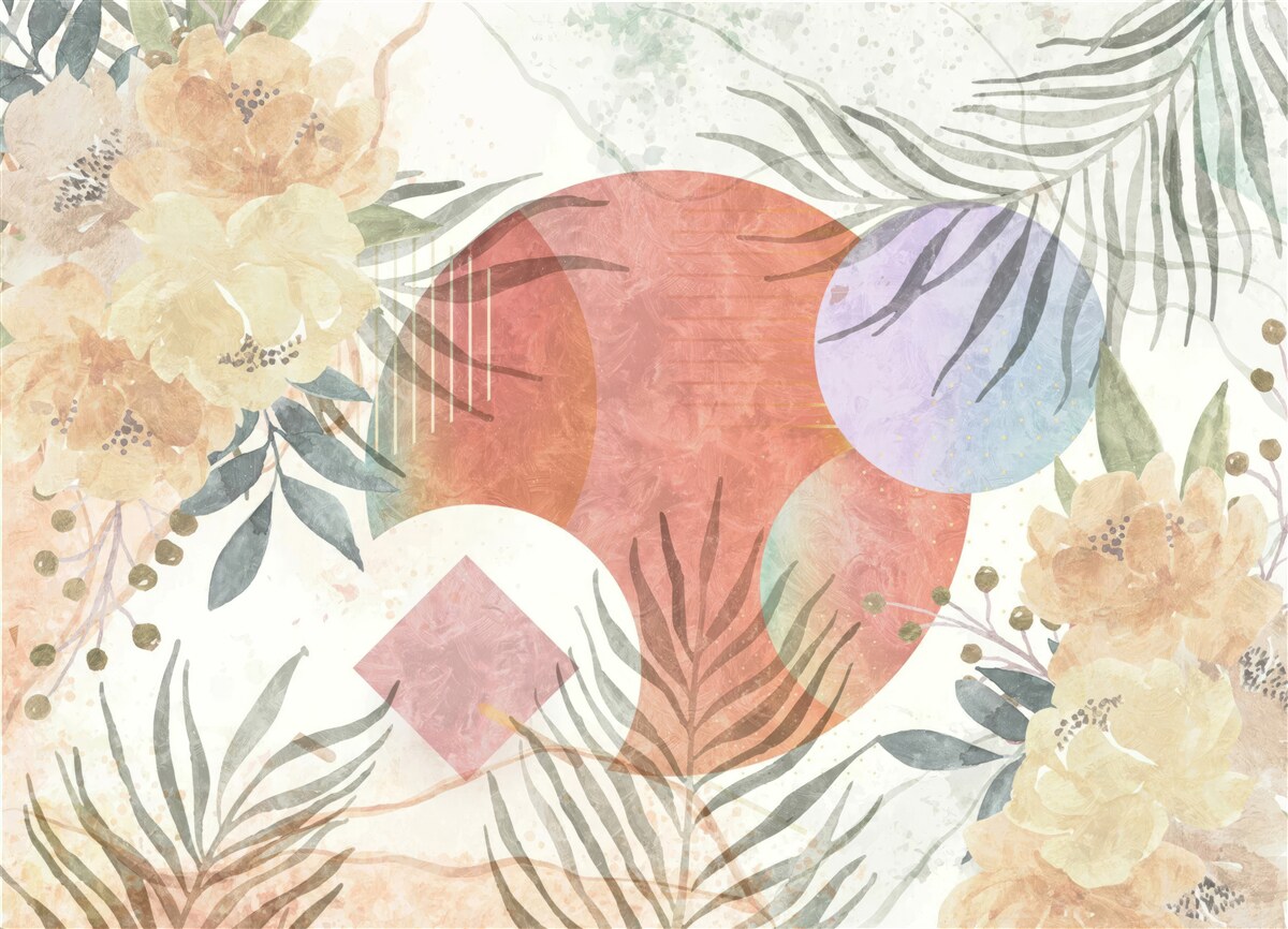 Fototapet fundal cu vegetație, flori și forme geometrice