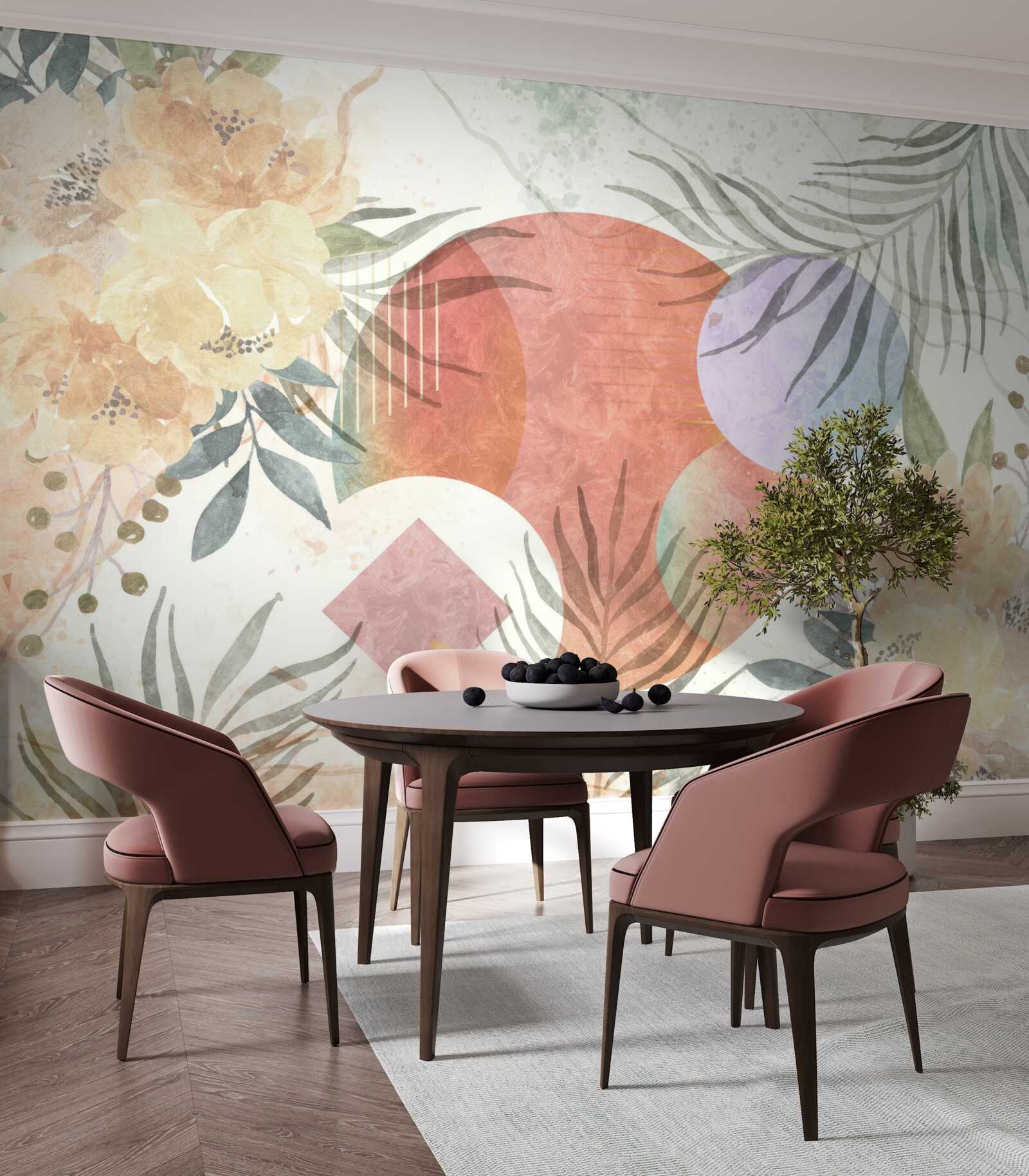 Fototapet fundal cu vegetație, flori și forme geometrice