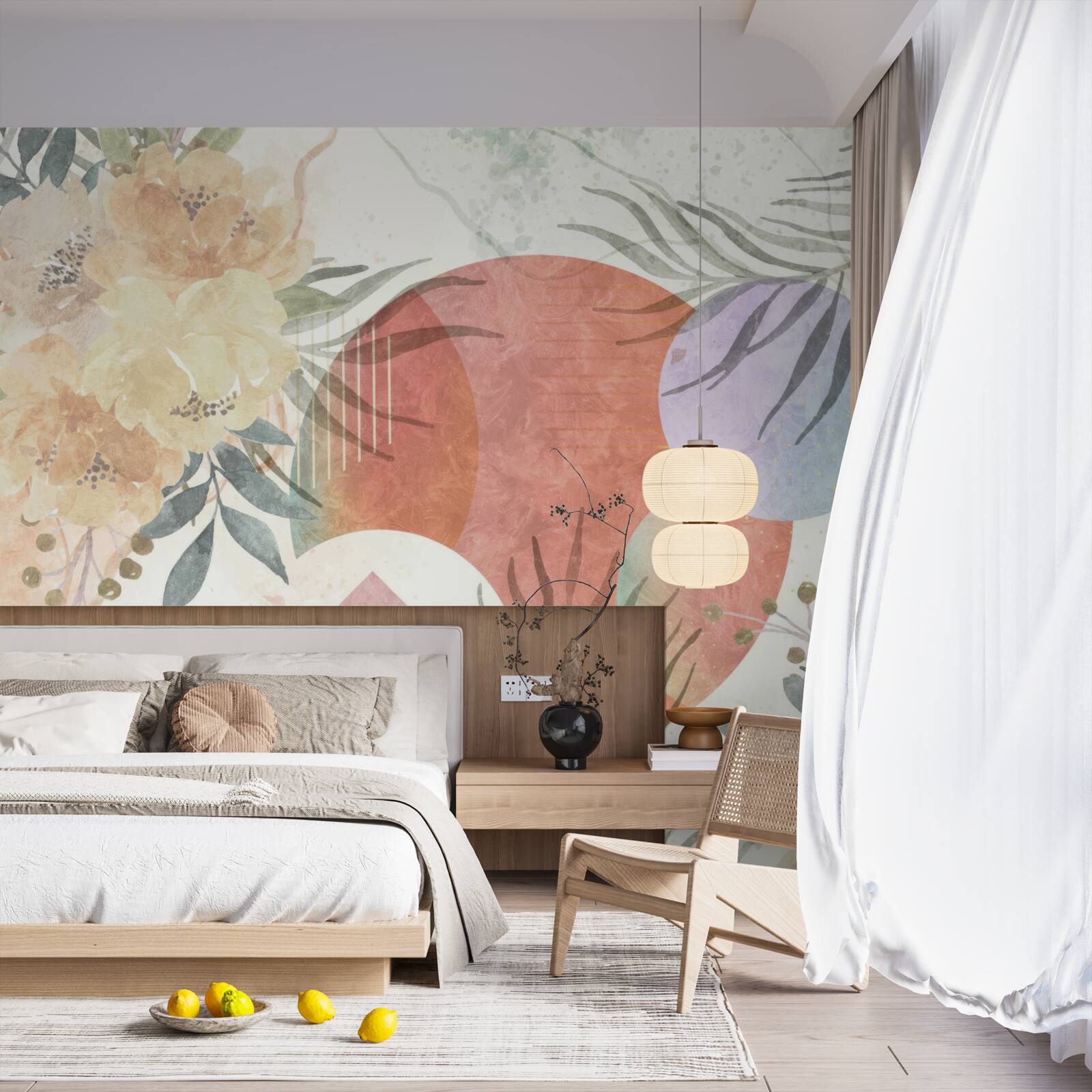 Fototapet fundal cu vegetație, flori și forme geometrice