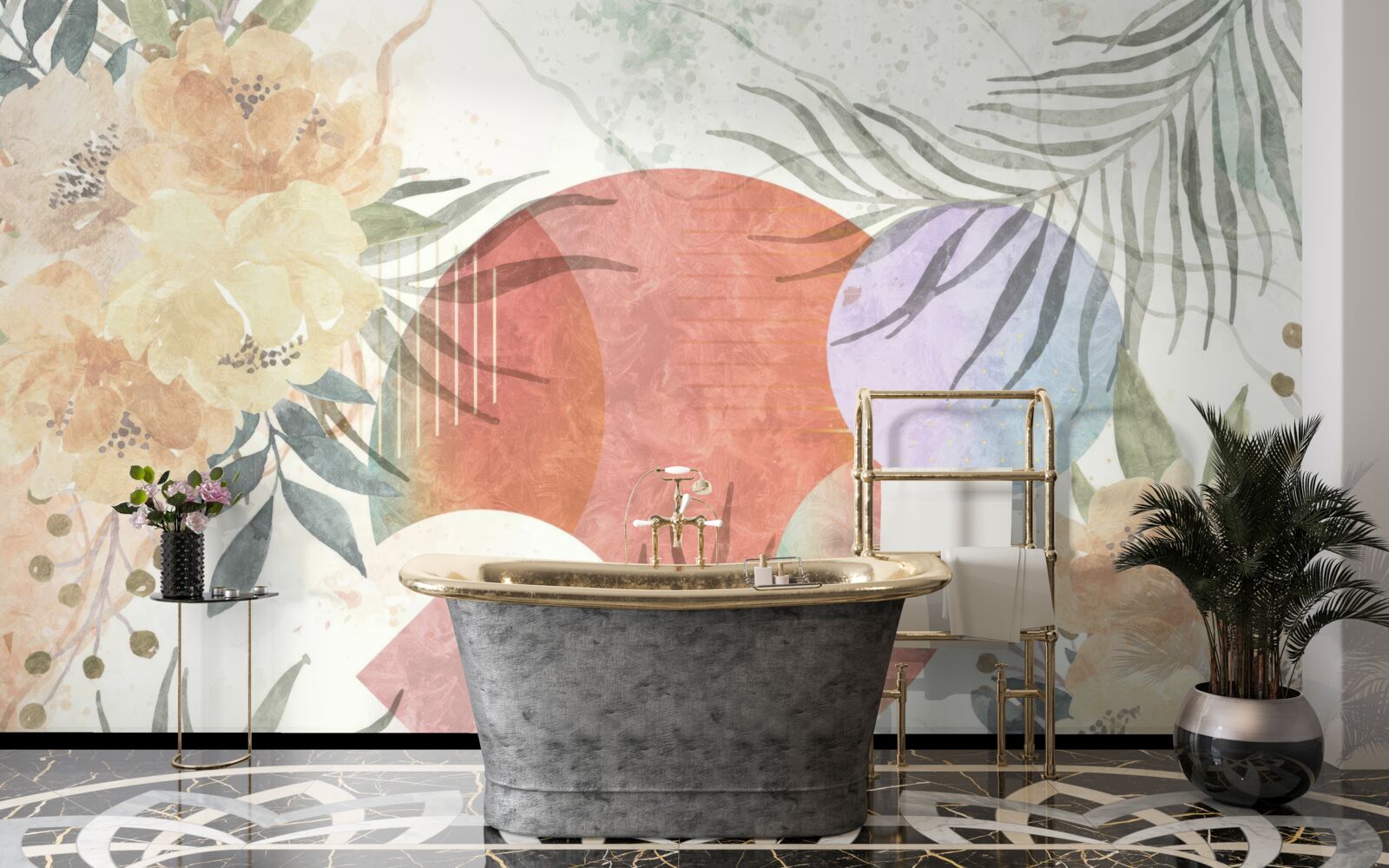 Fototapet fundal cu vegetație, flori și forme geometrice