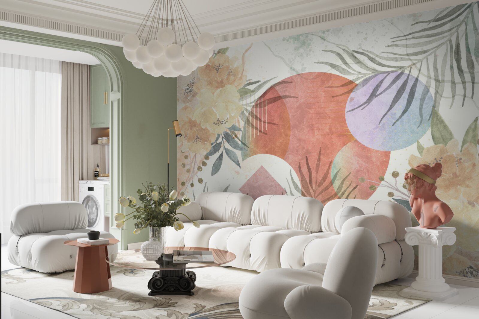 Fototapet fundal cu vegetație, flori și forme geometrice