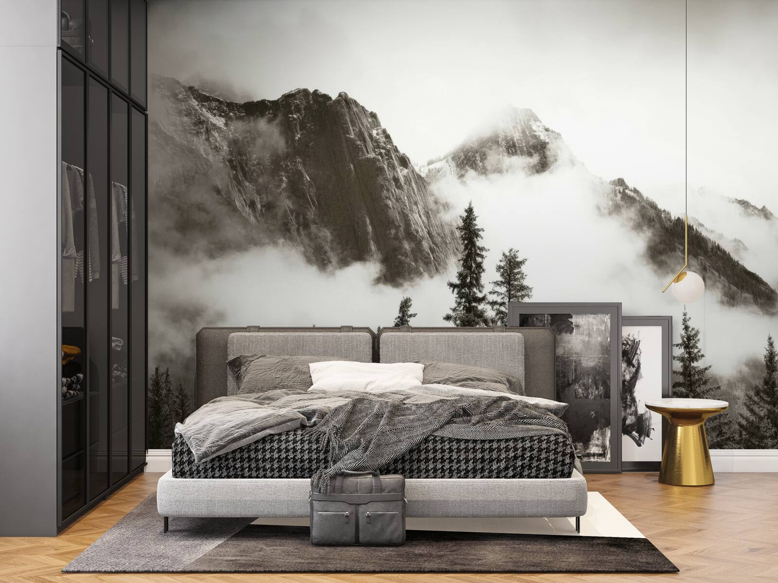 Fototapet munți în alb și negru, învăluiți în ceață