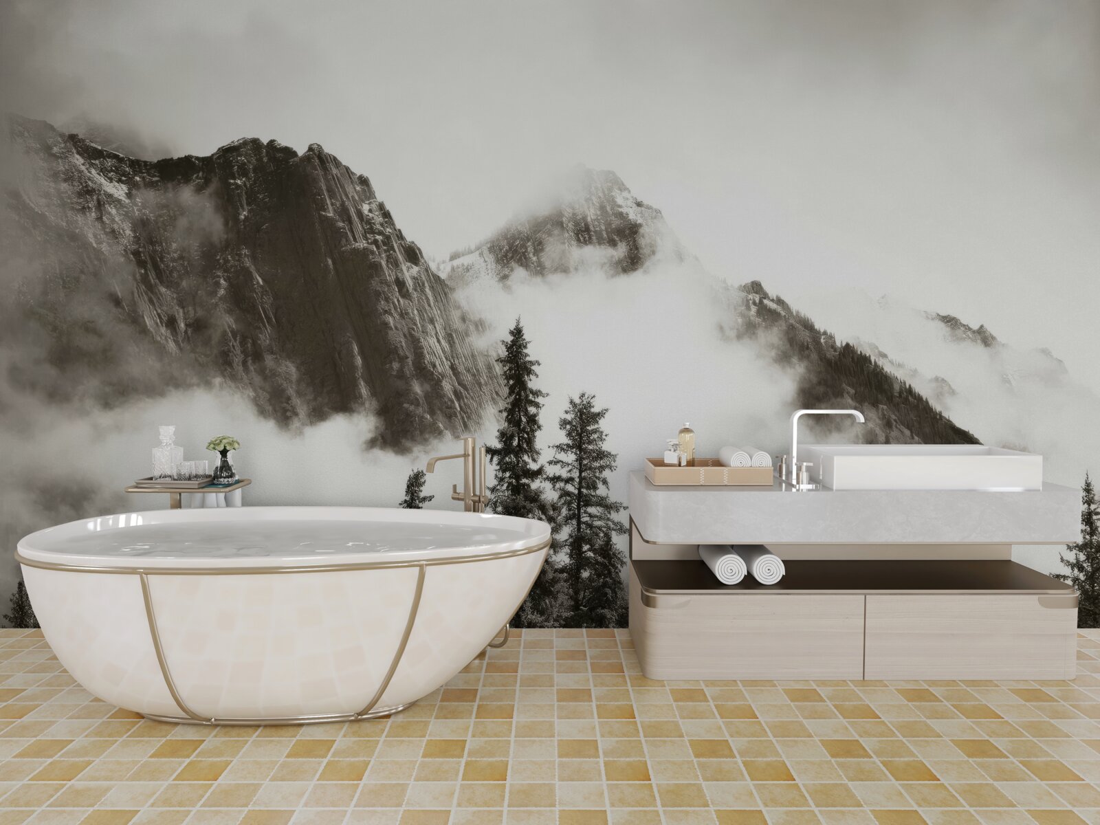 Fototapet munți în alb și negru, învăluiți în ceață