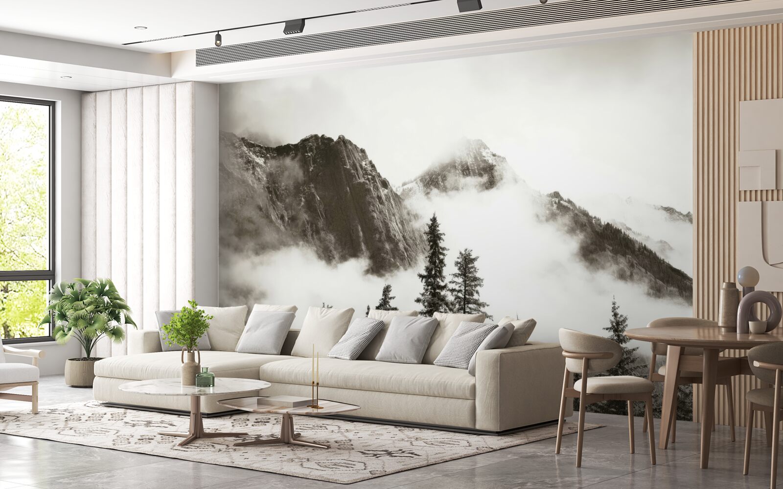 Fototapet munți în alb și negru, învăluiți în ceață