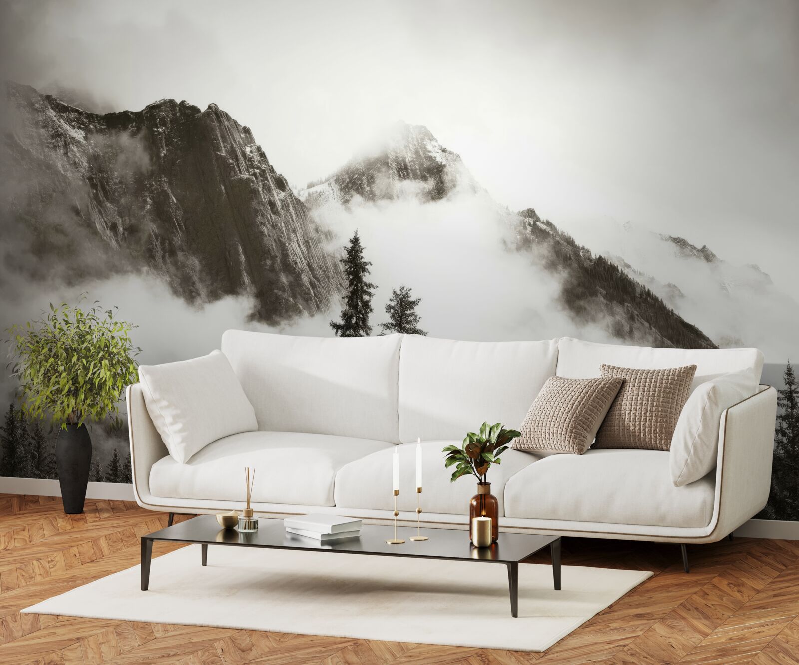 Fototapet munți în alb și negru, învăluiți în ceață