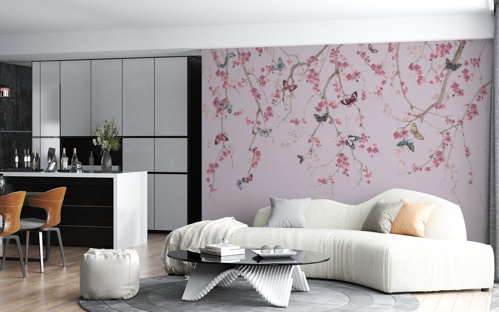 Fototapet ramuri cu flori roz și fluturi