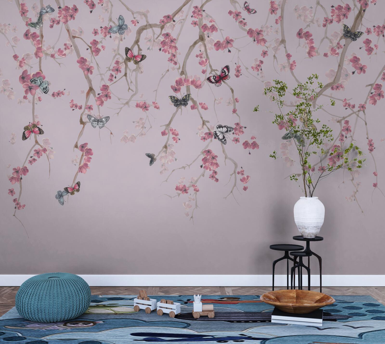 Fototapet ramuri cu flori roz și fluturi