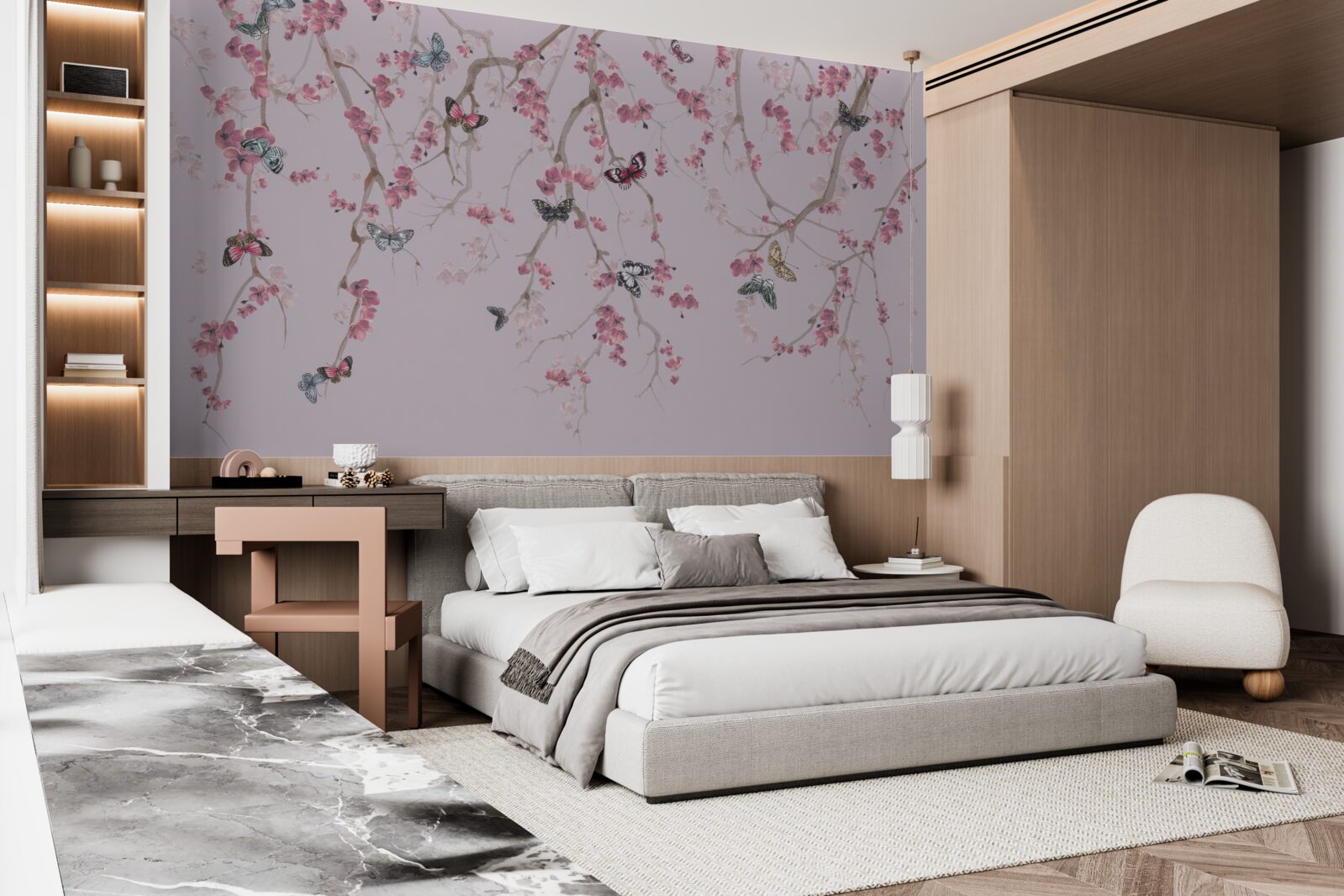 Fototapet ramuri cu flori roz și fluturi