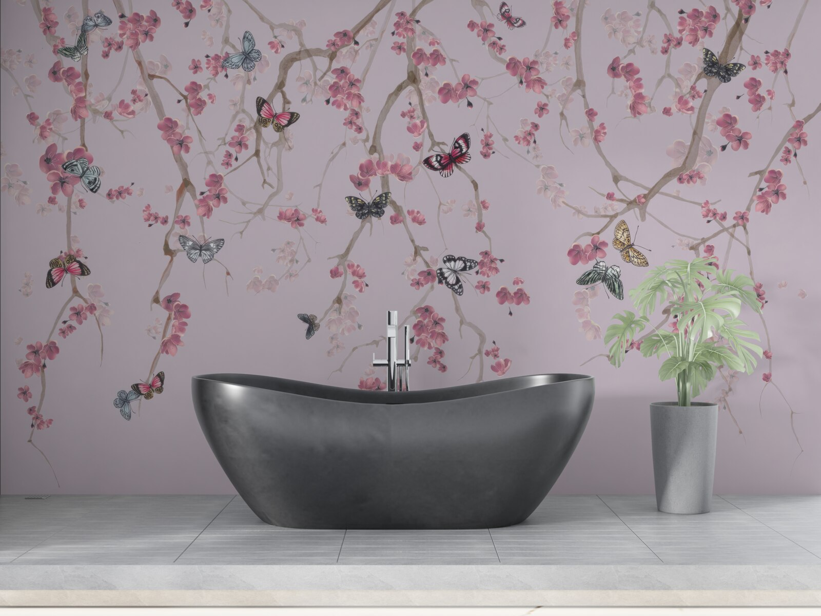 Fototapet ramuri cu flori roz și fluturi