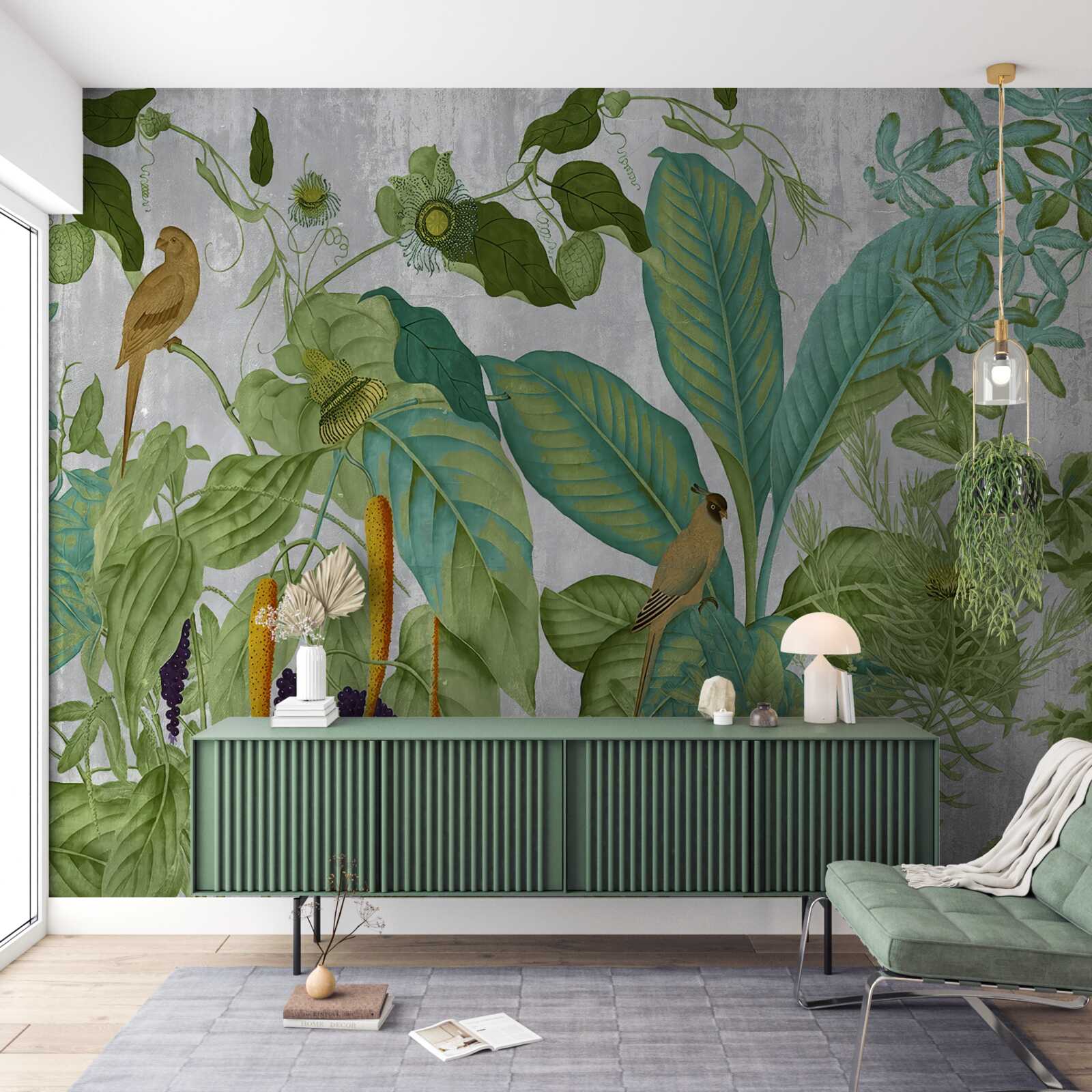 Fototapet printre frunzele verzi sunt papagali