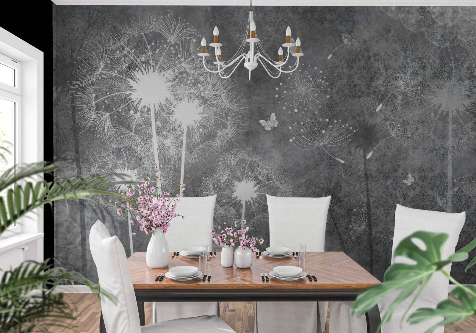 Fototapet siluete albe de păpădii pe un fundal gri