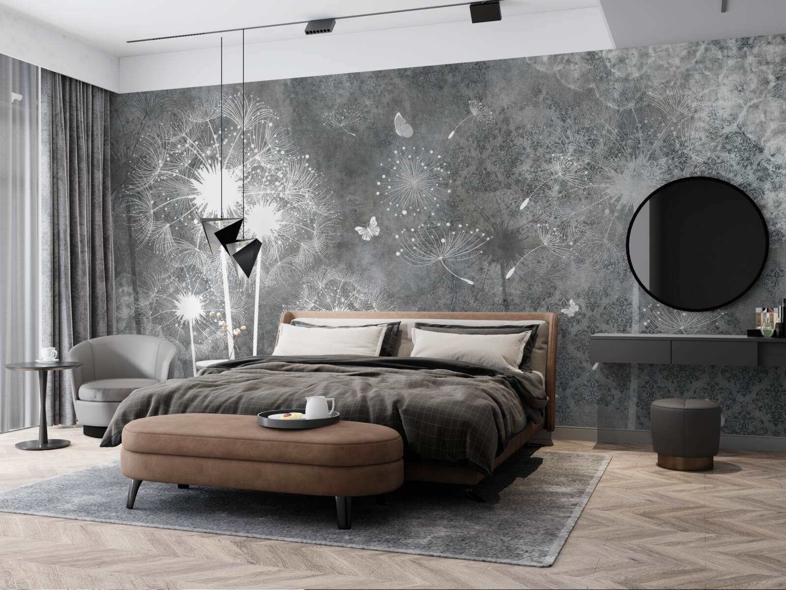 Fototapet siluete albe de păpădii pe un fundal gri