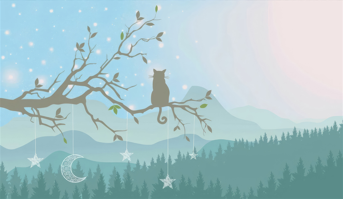 Fototapet un singur pisoi stă pe creanga unui copac