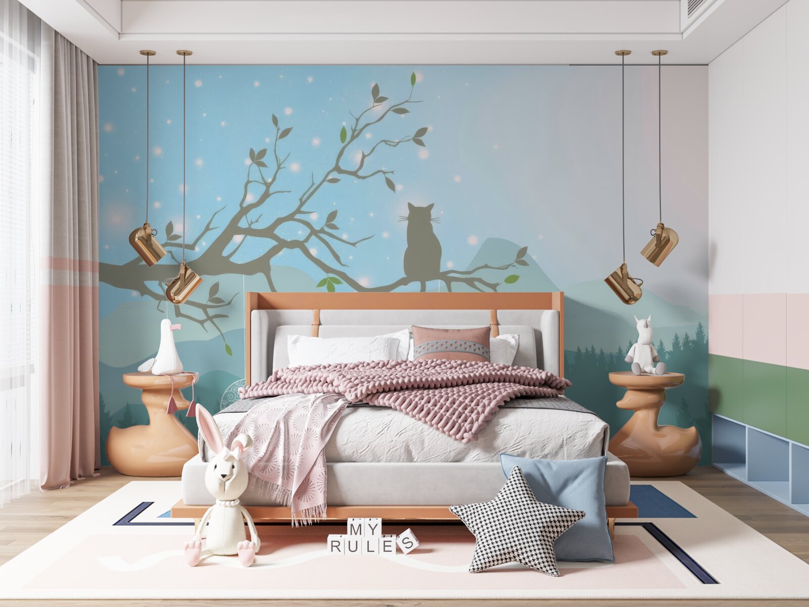 Fototapet un singur pisoi stă pe creanga unui copac