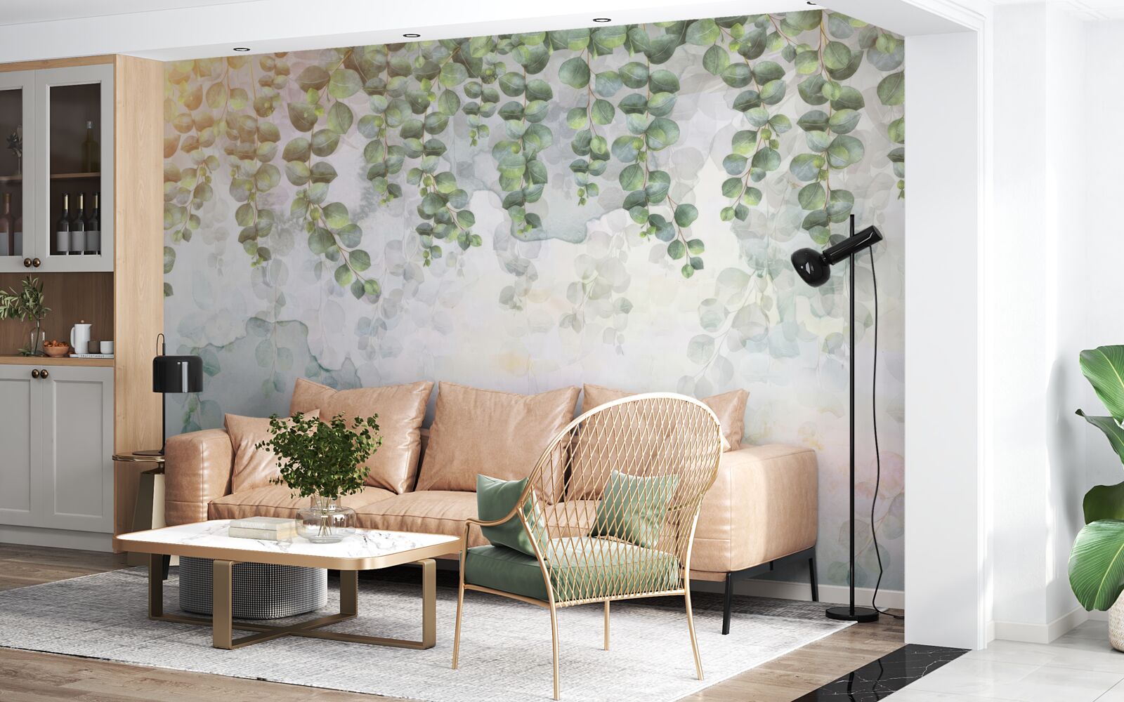 Fototapet ramuri suspendate cu frunze verzi