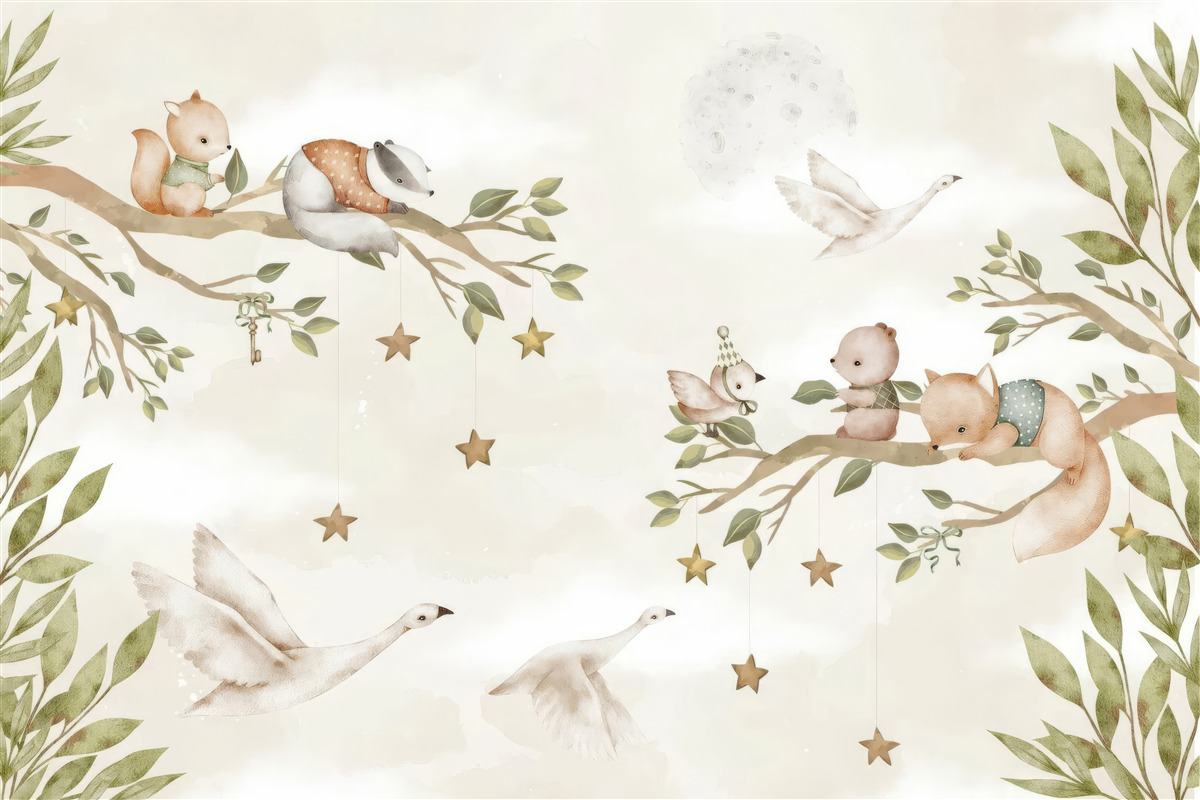 Fototapet diferite animale stăteau pe crengile copacului