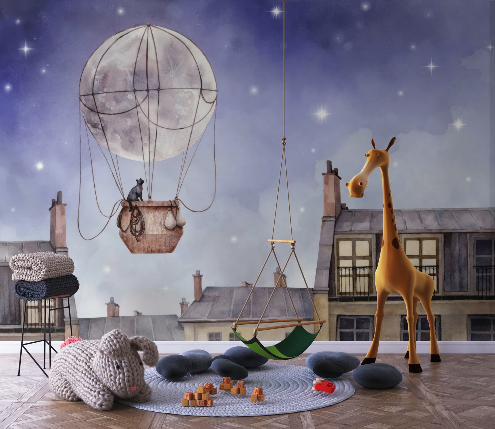 Fototapet pisica zboară peste case în balon