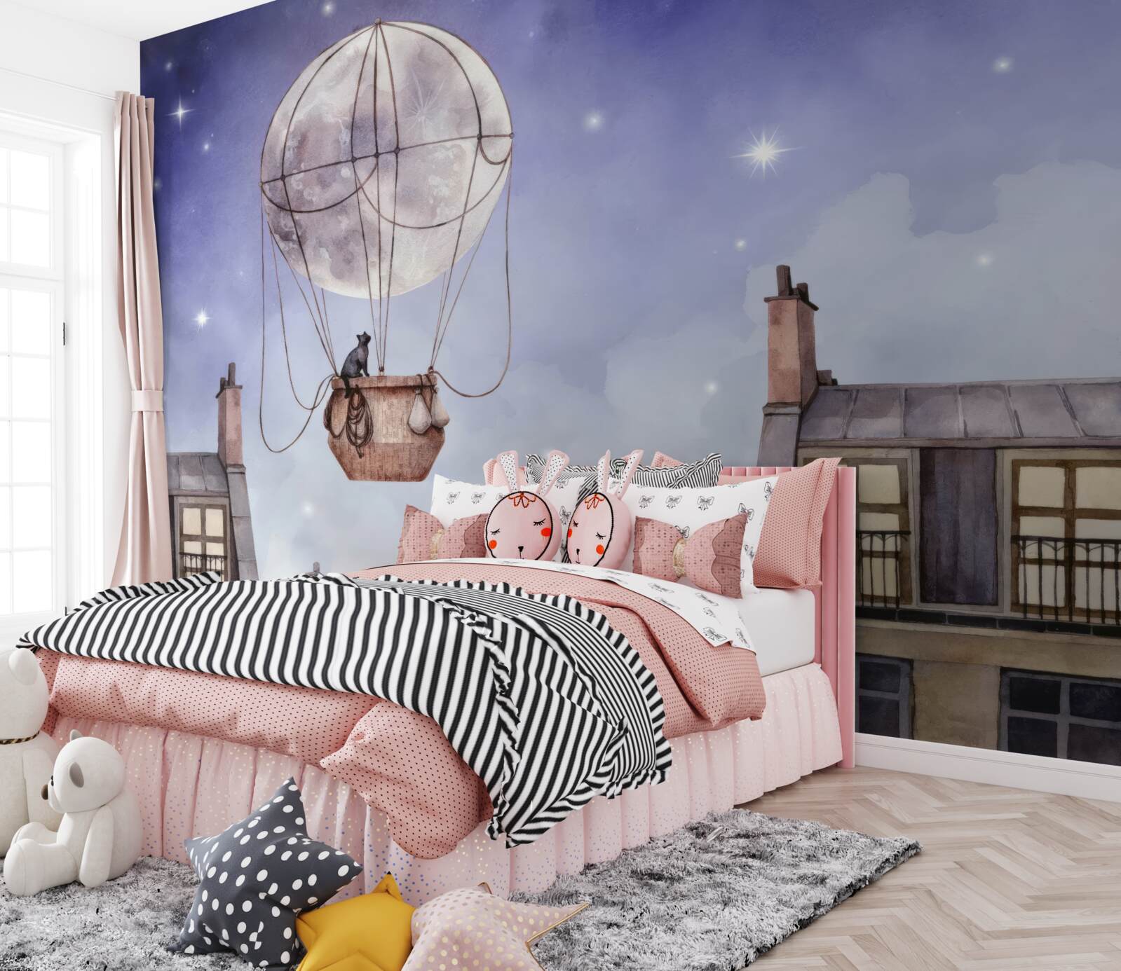 Fototapet pisica zboară peste case în balon