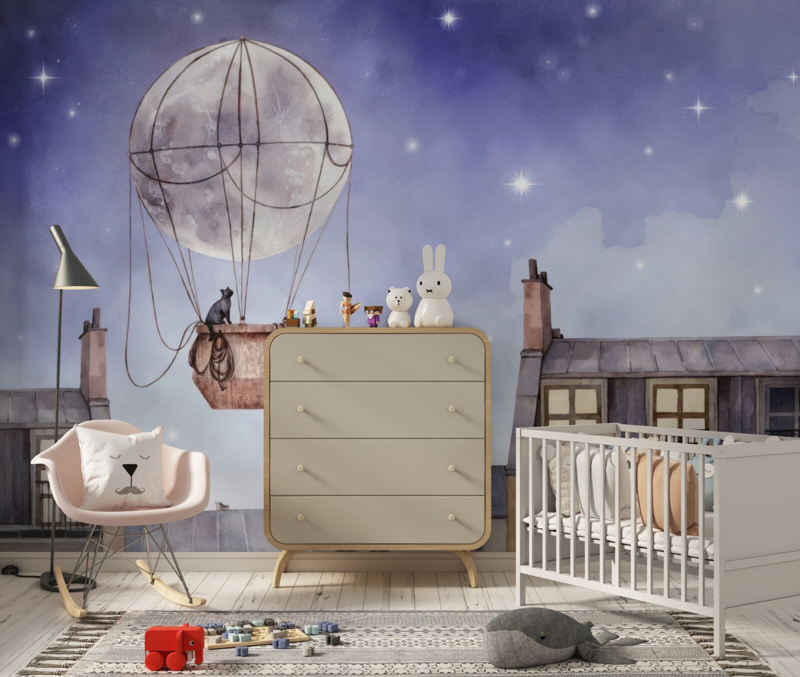 Fototapet pisica zboară peste case în balon