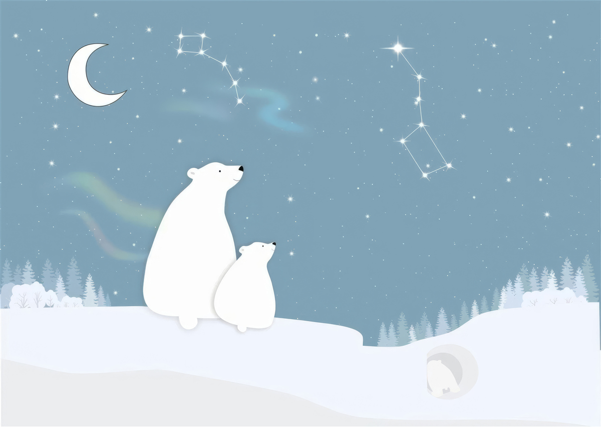 Fototapet o ursoaică și puii ei se uită la stele